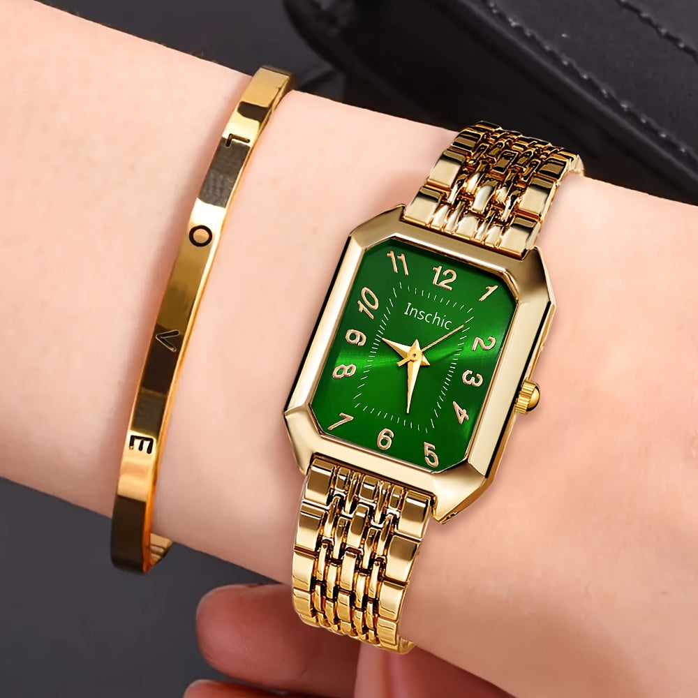 A Two-Piece Women'S Watch Gift Set Featuring a Trendy Open Bangle Combination with a Casual Quartz Watch, Classic Vintage Rectangular Dial, And a Comfortable Alloy Strap, Making It a Perfect Gift for Family And Friends, Ideal