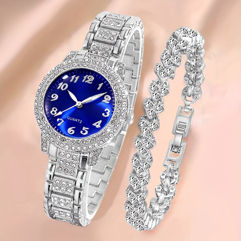 2pcs Elegant Minimalist Round Dial Quartz Watch + Shiny Bracelet Set for Women - Perfect Gift for Daily Wear, Parties, Valentine's Day, Christmas, New Year’s Eve, Halloween & Anniversaries – Ideal for Friends and Family