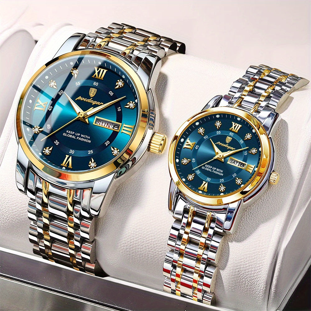 2pcs POEDAGAR His & Hers Matching Couple Watches - Stylish Blue & Golden Quartz Timepieces with Calendar, Waterproof (3ATM), Stainless Steel Band, Perfect Gift for Him & Her, Casual Wristwatch | Pointer Display Watch | Durabl