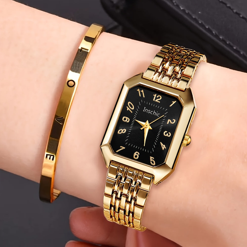 A Two-Piece Women'S Watch Gift Set Featuring a Trendy Open Bangle Combination with a Casual Quartz Watch, Classic Vintage Rectangular Dial, And a Comfortable Alloy Strap, Making It a Perfect Gift for Family And Friends, Ideal