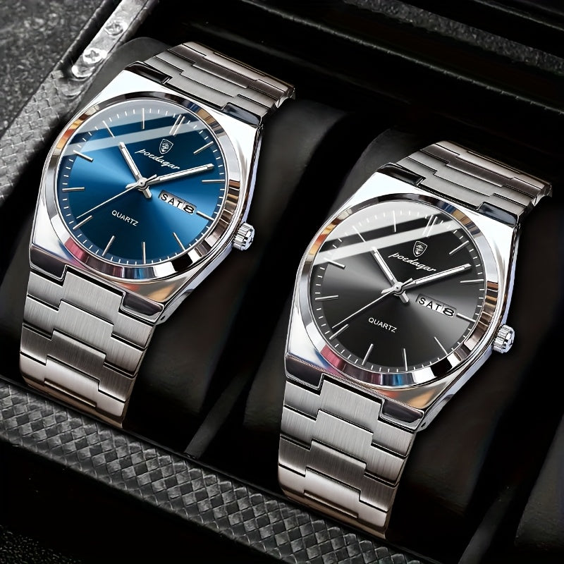 2pcs-PODAGAR Fashion and Business Simplicity Two Men's Watches Accurate, Reliable, Durable, Youth Men's Student Watch Waterproof Calendar Cycle Stainless Steel Quartz Watch