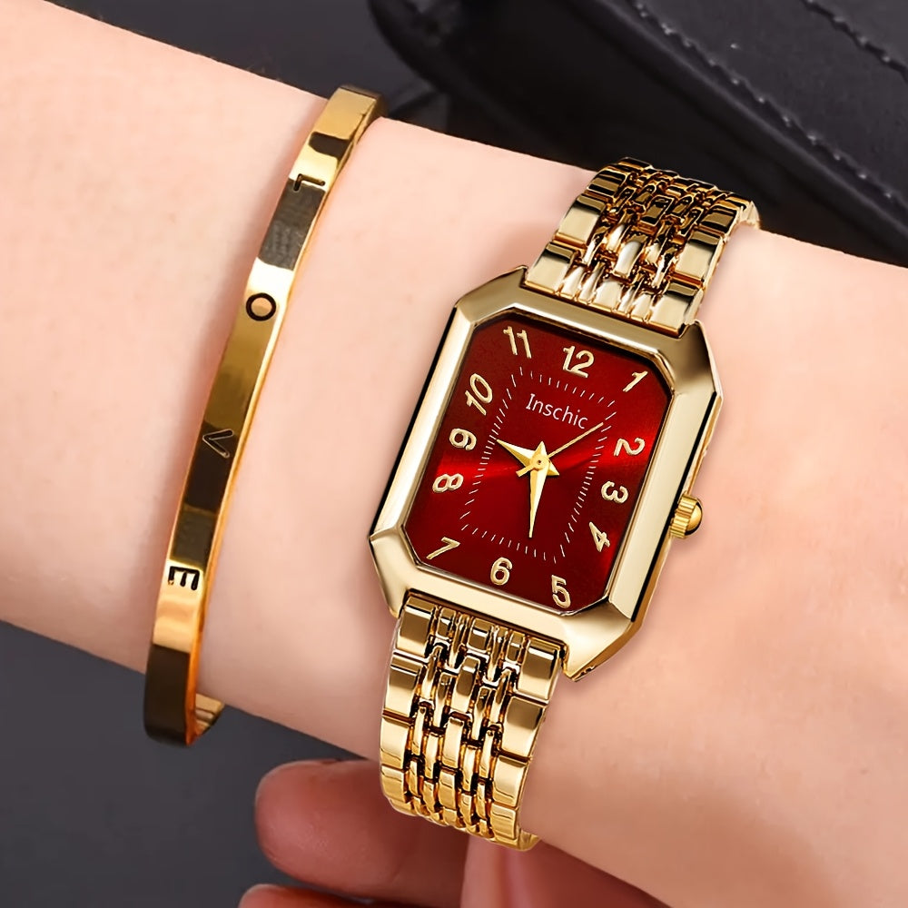 A Two-Piece Women'S Watch Gift Set Featuring a Trendy Open Bangle Combination with a Casual Quartz Watch, Classic Vintage Rectangular Dial, And a Comfortable Alloy Strap, Making It a Perfect Gift for Family And Friends, Ideal