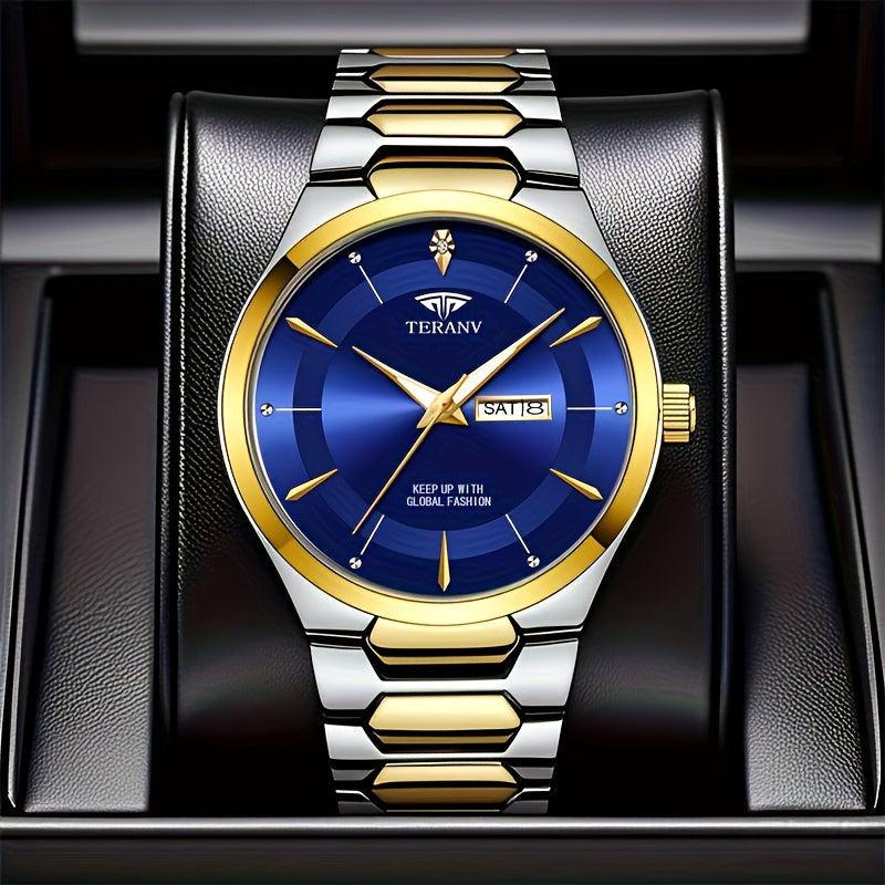 1 Men's Luxury Business Style Watch - 30m, Luminescent Analog Quartz Watch with Date/Day Display, Black & Golden Dial, Multi-Zone Time, Chronograph-Free Operation,, Ideal for Formal & Casual Attire, Ideal Gift for Men - Sleek