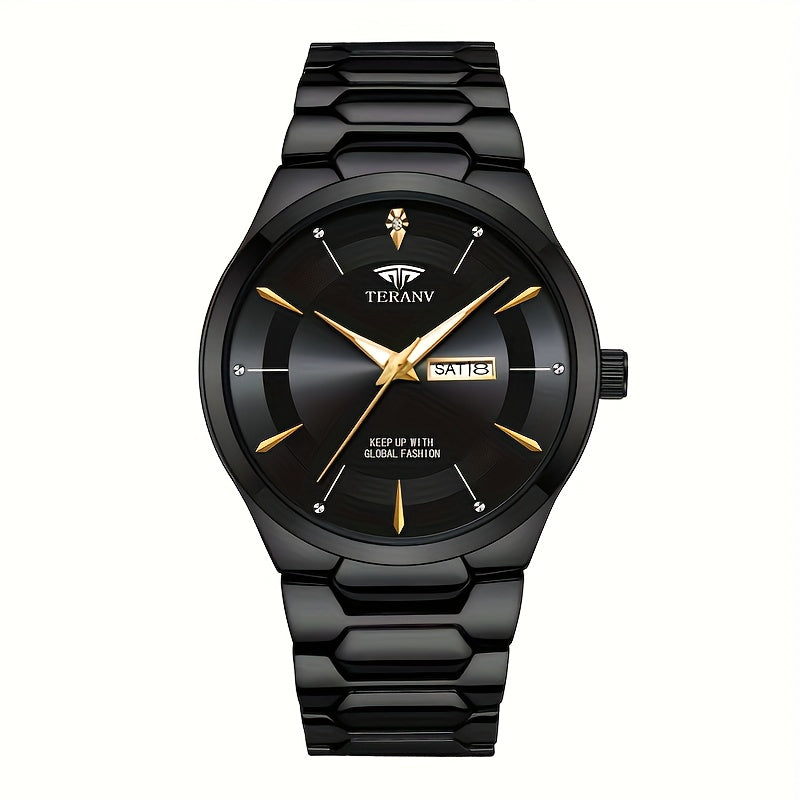 1 Men's Luxury Business Style Watch - 30m, Luminescent Analog Quartz Watch with Date/Day Display, Black & Golden Dial, Multi-Zone Time, Chronograph-Free Operation,, Ideal for Formal & Casual Attire, Ideal Gift for Men - Sleek