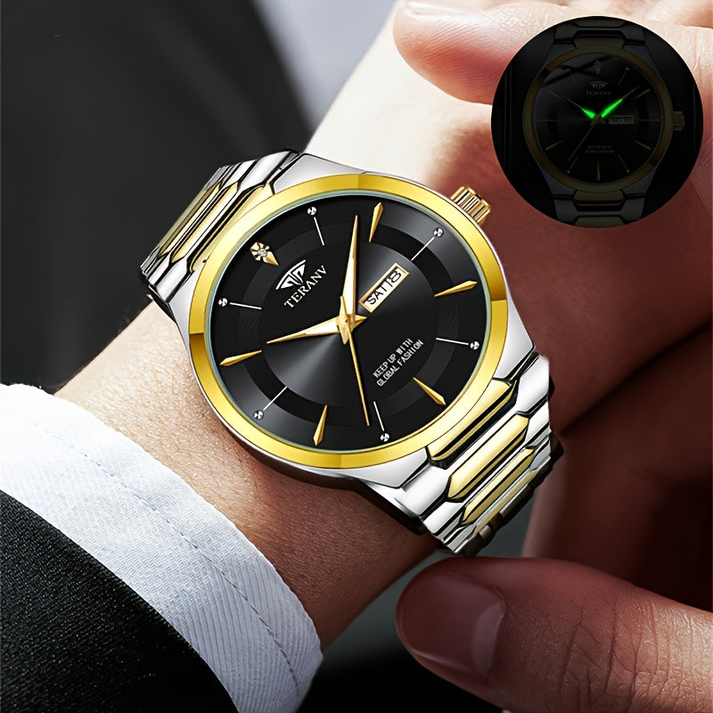 1 Men's Luxury Business Style Watch - 30m, Luminescent Analog Quartz Watch with Date/Day Display, Black & Golden Dial, Multi-Zone Time, Chronograph-Free Operation,, Ideal for Formal & Casual Attire, Ideal Gift for Men - Sleek