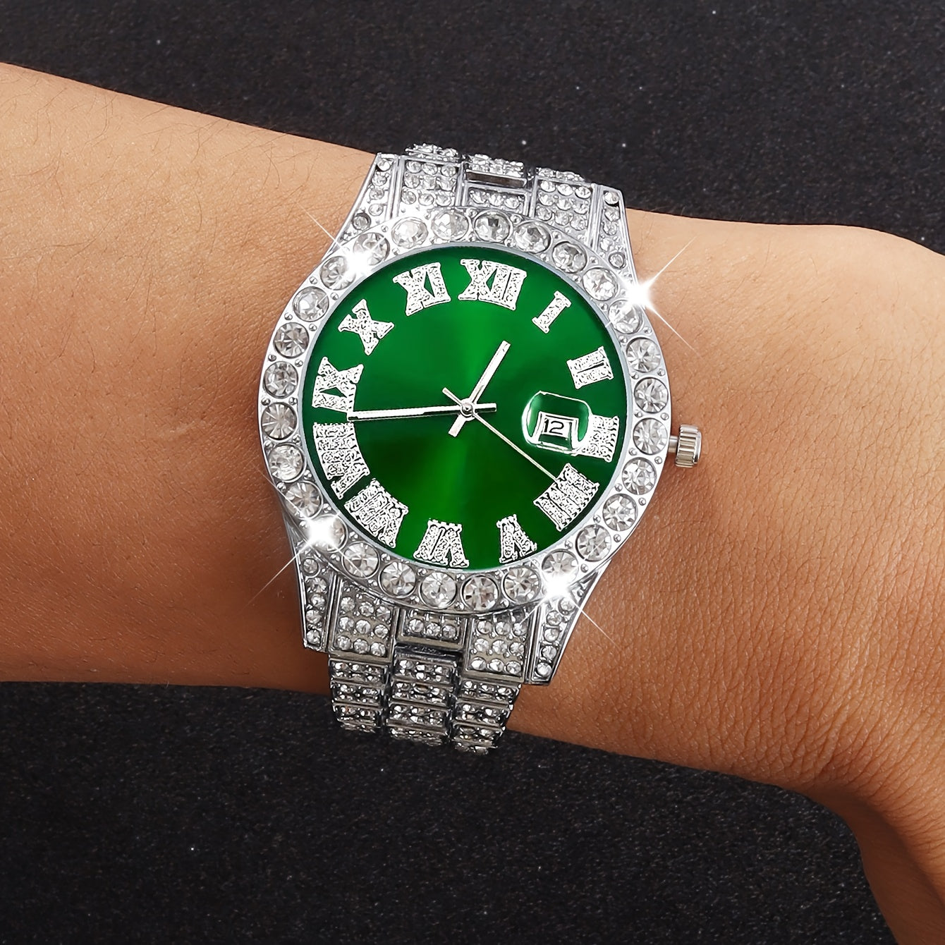 3pcs Men's Watch Set with Rhinestone Necklace & Bracelet