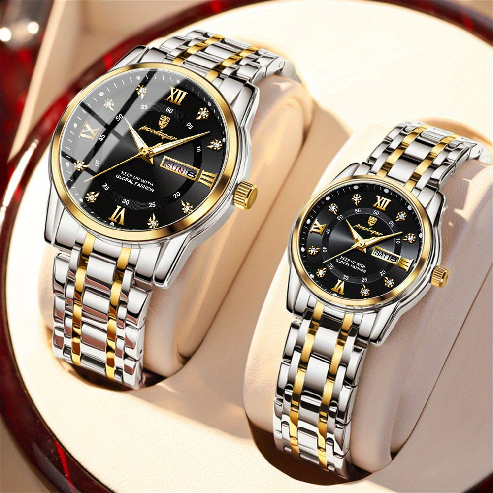 2pcs POEDAGAR His & Hers Matching Couple Watches - Stylish Blue & Golden Quartz Timepieces with Calendar, Waterproof (3ATM), Stainless Steel Band, Perfect Gift for Him & Her, Casual Wristwatch | Pointer Display Watch | Durabl