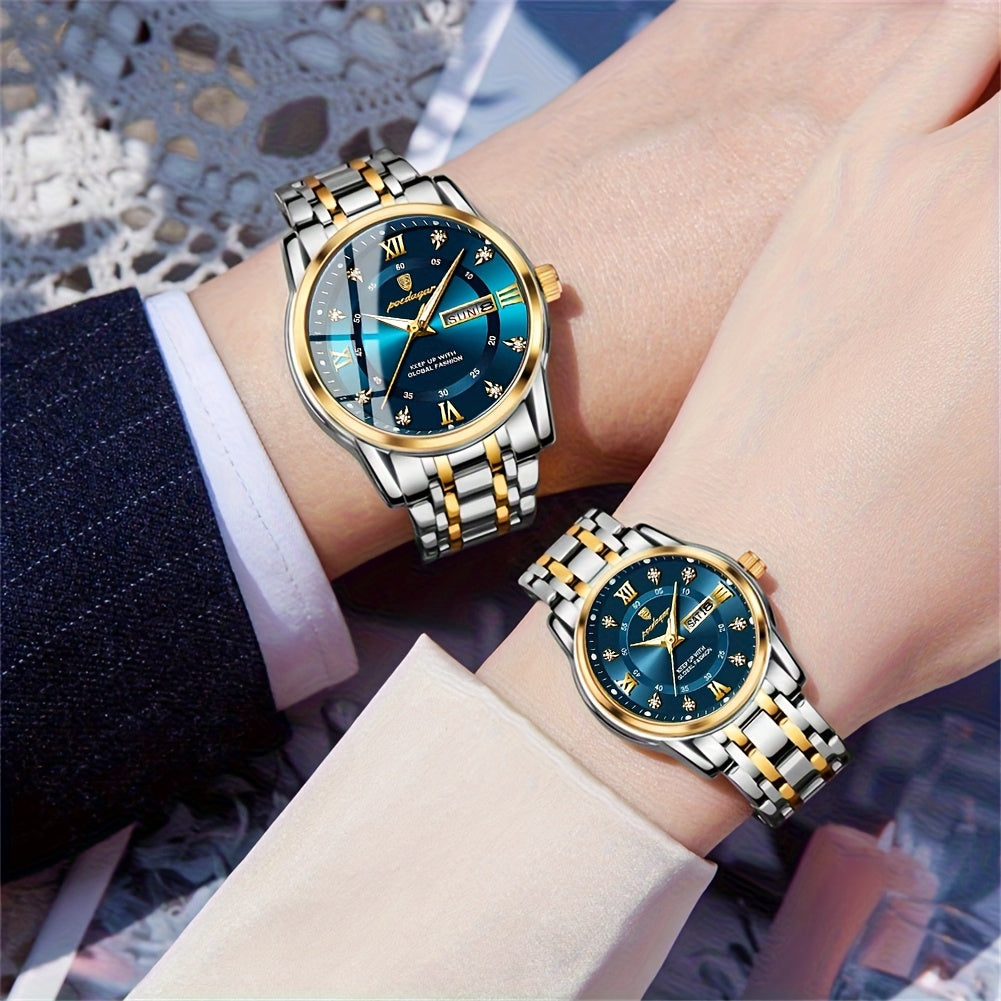 2pcs POEDAGAR His & Hers Matching Couple Watches - Stylish Blue & Golden Quartz Timepieces with Calendar, Waterproof (3ATM), Stainless Steel Band, Perfect Gift for Him & Her, Casual Wristwatch | Pointer Display Watch | Durabl