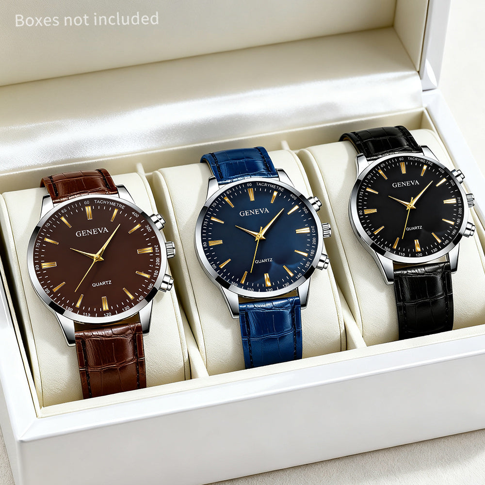 3pcs Set Men'S Quartz Watch Set - Minimalist Round Face with Golden Hands, Dial & Brown Strap, Alloy Case, Battery-Powered, Perfect for Father'S Day