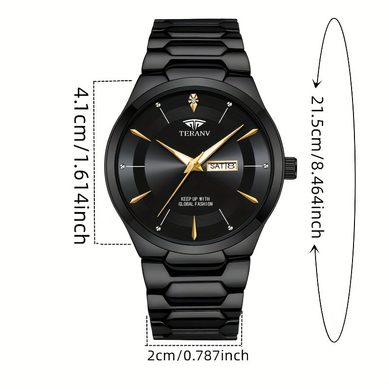 1 Men's Luxury Business Style Watch - 30m, Luminescent Analog Quartz Watch with Date/Day Display, Black & Golden Dial, Multi-Zone Time, Chronograph-Free Operation,, Ideal for Formal & Casual Attire, Ideal Gift for Men - Sleek