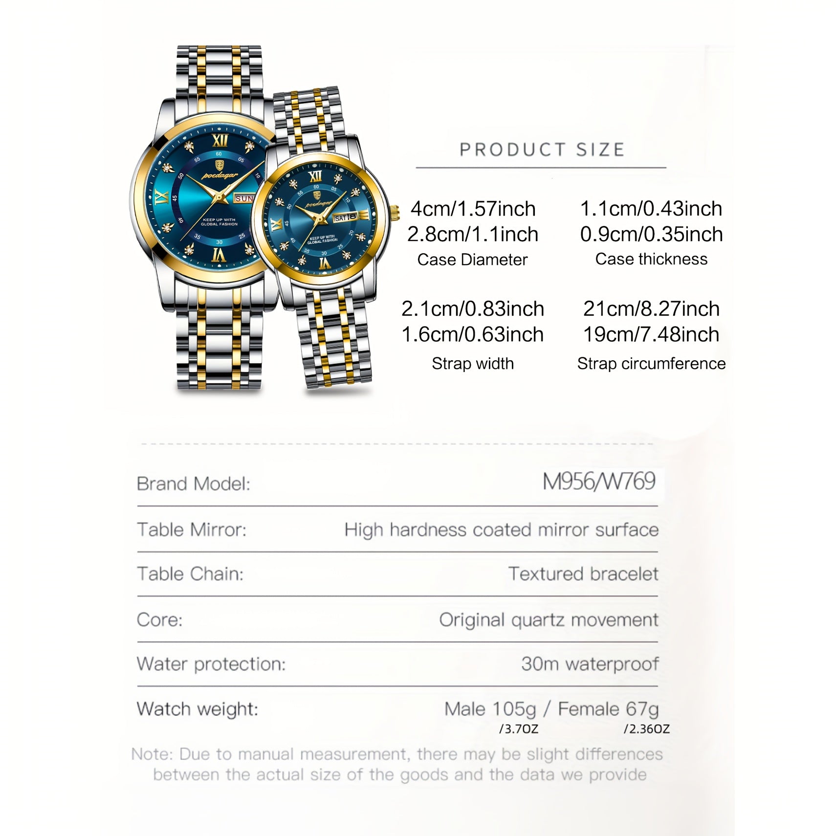 2pcs POEDAGAR His & Hers Matching Couple Watches - Stylish Blue & Golden Quartz Timepieces with Calendar, Waterproof (3ATM), Stainless Steel Band, Perfect Gift for Him & Her, Casual Wristwatch | Pointer Display Watch | Durabl