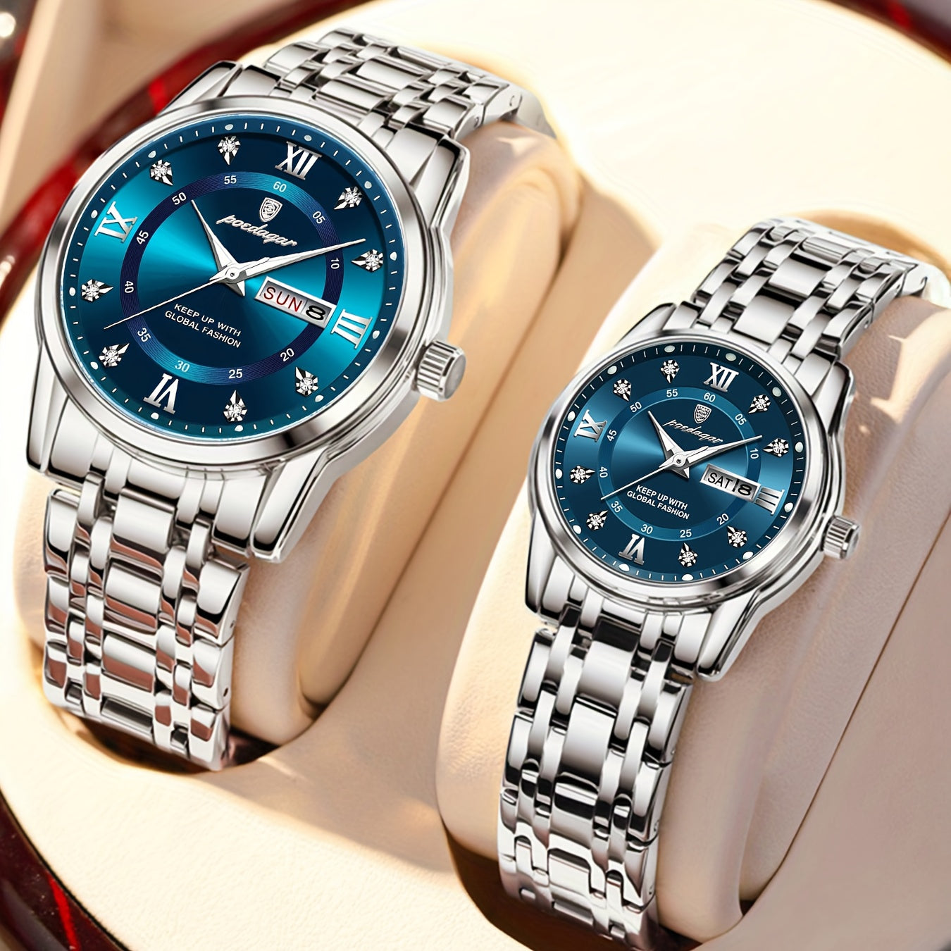 2pcs POEDAGAR His & Hers Matching Couple Watches - Stylish Blue & Golden Quartz Timepieces with Calendar, Waterproof (3ATM), Stainless Steel Band, Perfect Gift for Him & Her, Casual Wristwatch | Pointer Display Watch | Durabl