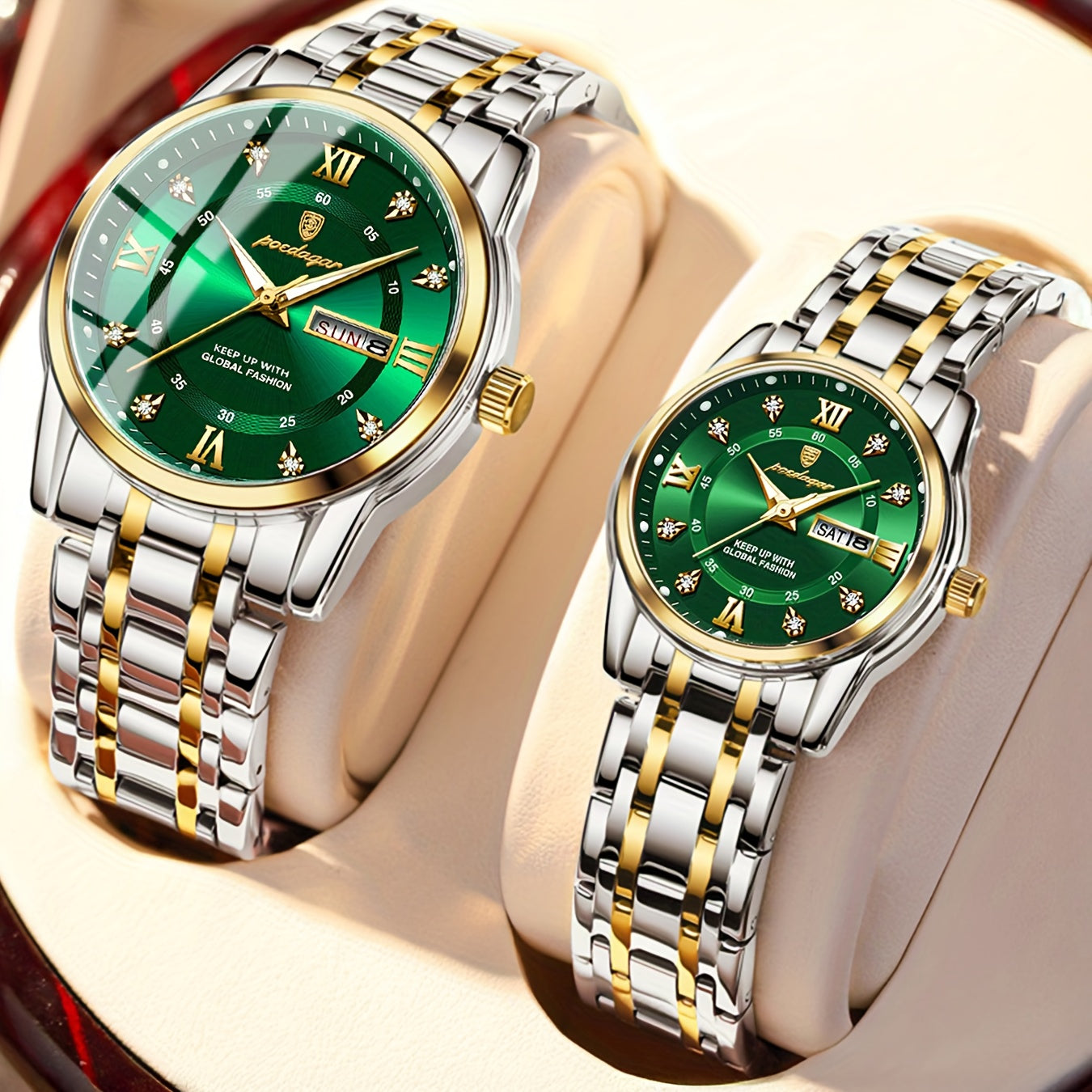 2pcs POEDAGAR His & Hers Matching Couple Watches - Stylish Blue & Golden Quartz Timepieces with Calendar, Waterproof (3ATM), Stainless Steel Band, Perfect Gift for Him & Her, Casual Wristwatch | Pointer Display Watch | Durabl