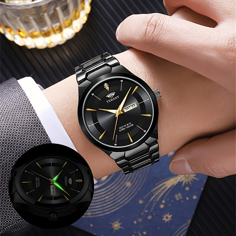 1 Men's Luxury Business Style Watch - 30m, Luminescent Analog Quartz Watch with Date/Day Display, Black & Golden Dial, Multi-Zone Time, Chronograph-Free Operation,, Ideal for Formal & Casual Attire, Ideal Gift for Men - Sleek