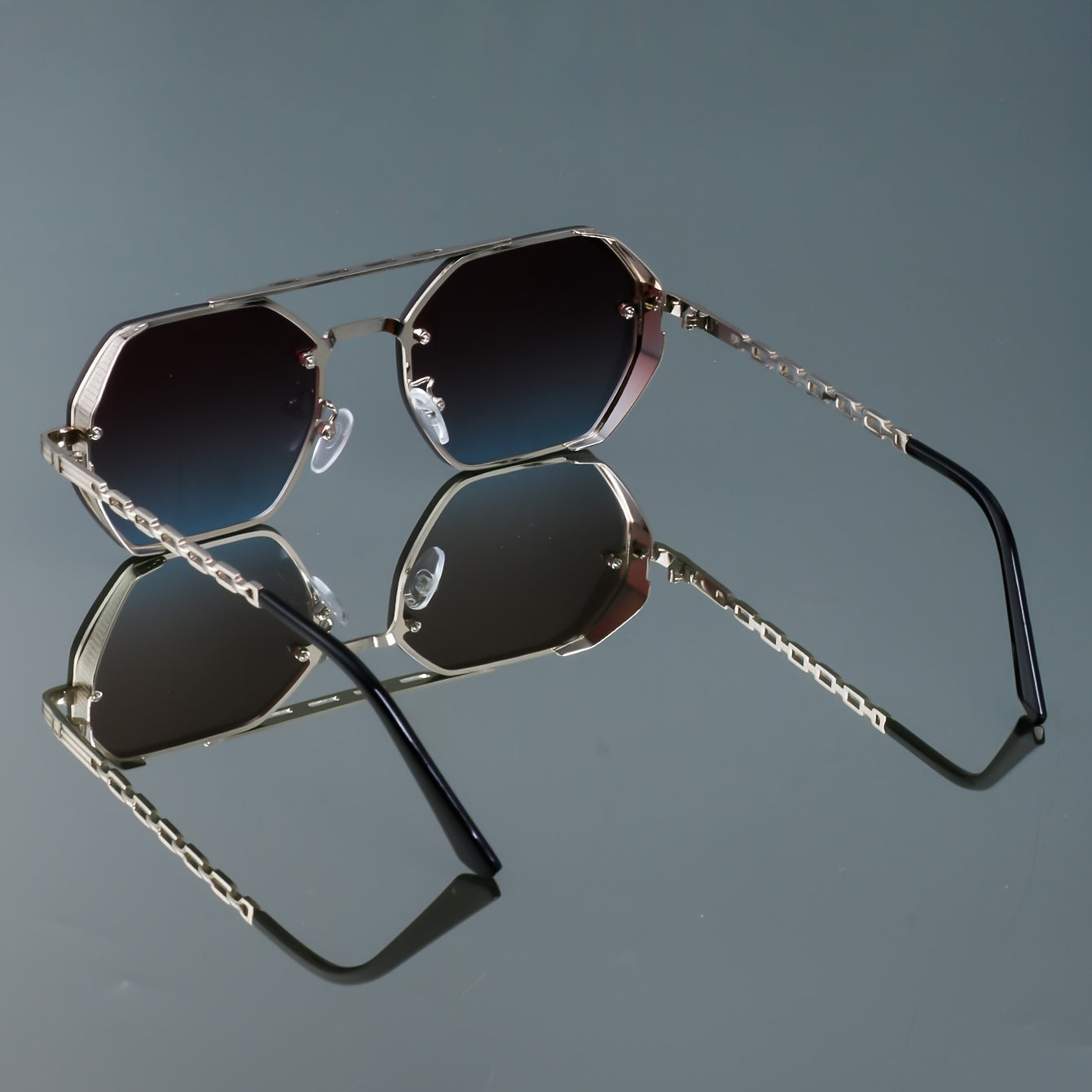 Metal Rectangular Glasses with Unique Double Bridge and Side Cut