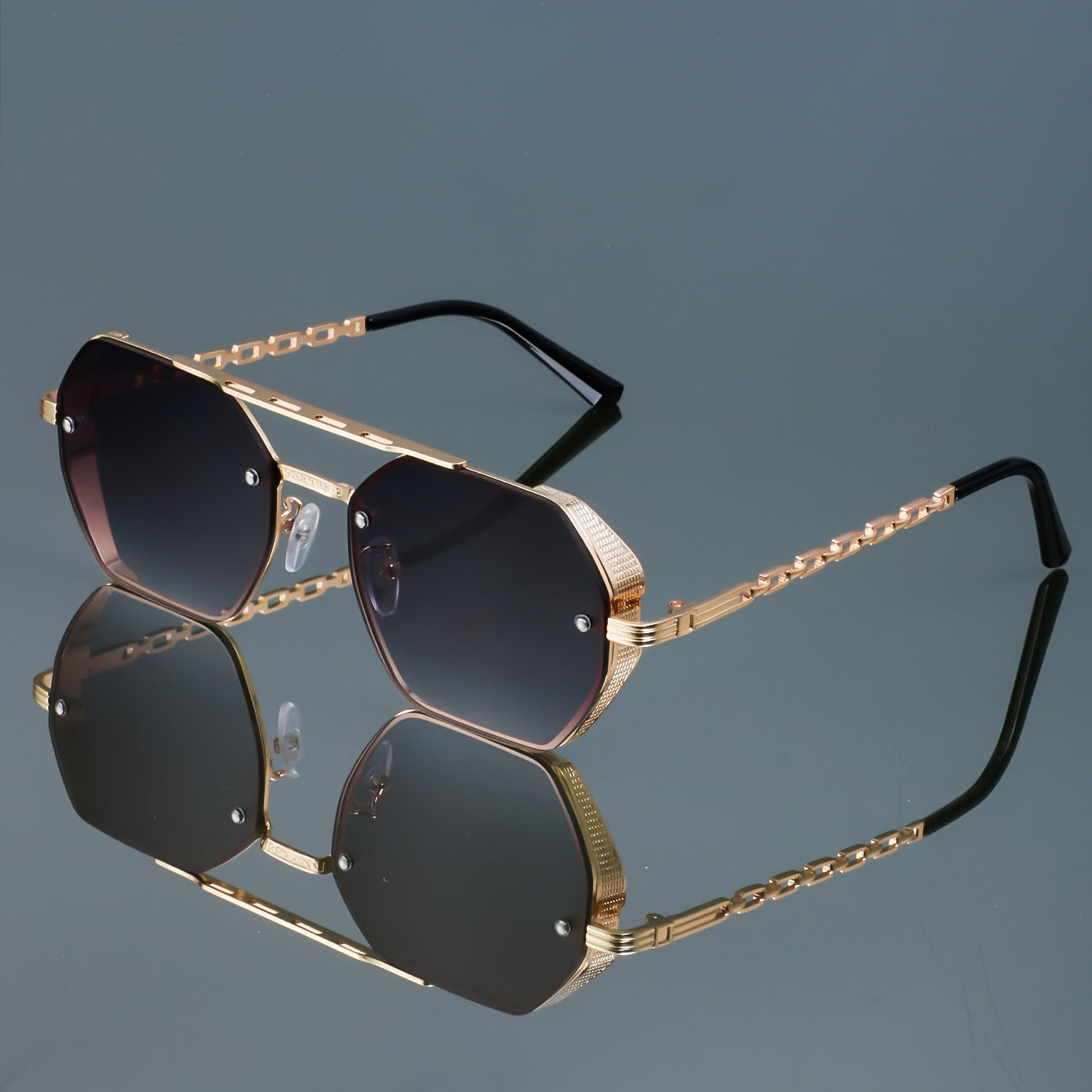 Metal Rectangular Glasses with Unique Double Bridge and Side Cut