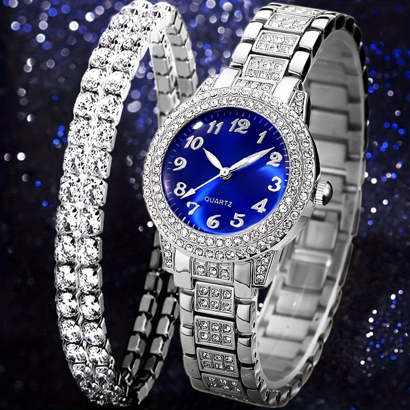 2pcs Elegant Minimalist Round Dial Quartz Watch + Shiny Bracelet Set for Women - Perfect Gift for Daily Wear, Parties, Valentine's Day, Christmas, New Year’s Eve, Halloween & Anniversaries – Ideal for Friends and Family