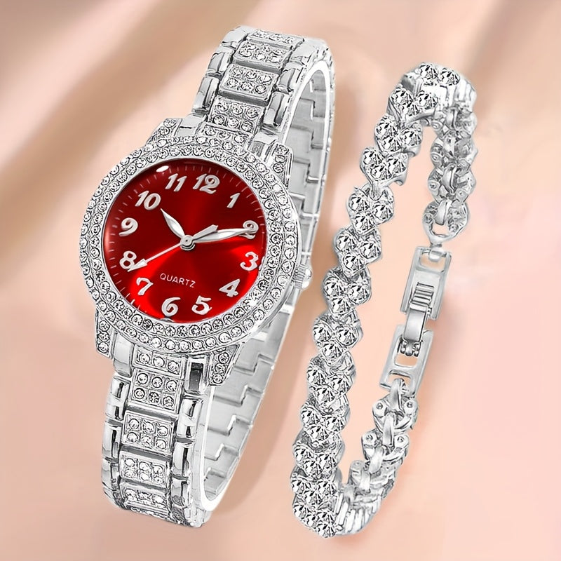 2pcs Elegant Minimalist Round Dial Quartz Watch + Shiny Bracelet Set for Women - Perfect Gift for Daily Wear, Parties, Valentine's Day, Christmas, New Year’s Eve, Halloween & Anniversaries – Ideal for Friends and Family