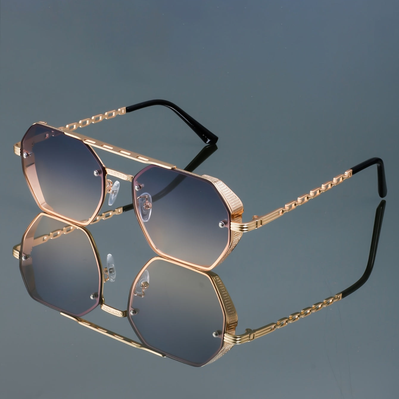 Metal Rectangular Glasses with Unique Double Bridge and Side Cut