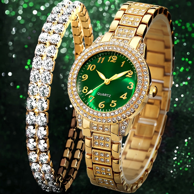 2pcs Elegant Minimalist Round Dial Quartz Watch + Shiny Bracelet Set for Women - Perfect Gift for Daily Wear, Parties, Valentine's Day, Christmas, New Year’s Eve, Halloween & Anniversaries – Ideal for Friends and Family