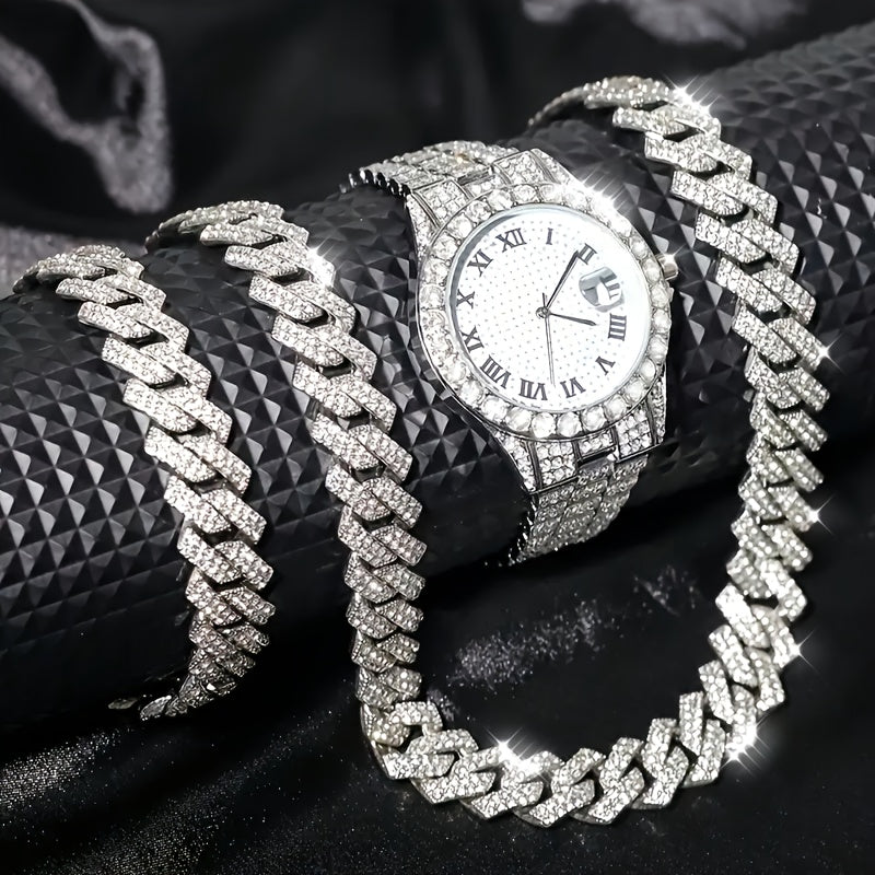 3pcs Men's Watch Set with Rhinestone Necklace & Bracelet