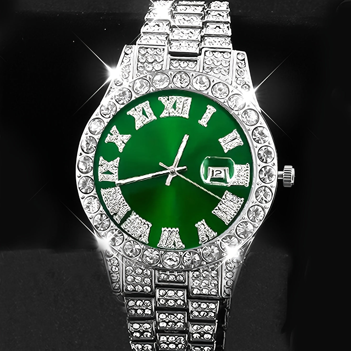 3pcs Men's Watch Set with Rhinestone Necklace & Bracelet