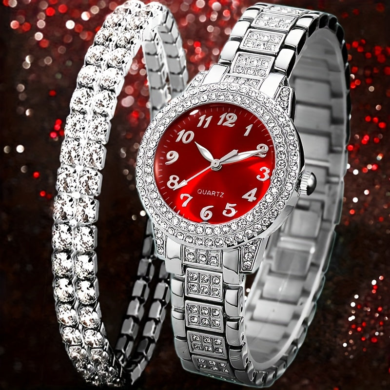 2pcs Elegant Minimalist Round Dial Quartz Watch + Shiny Bracelet Set for Women - Perfect Gift for Daily Wear, Parties, Valentine's Day, Christmas, New Year’s Eve, Halloween & Anniversaries – Ideal for Friends and Family