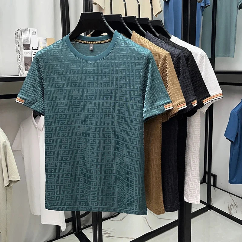 2025 New Men's Fashionable Jacquard Short Sleeved Round Neck T-shirt Casual and Comfortable All Season Versatile Top