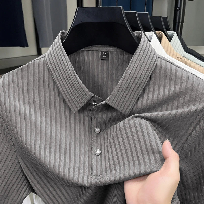 2025 New Men's Casual Fashion Striped Short Sleeved Collar Polo Shirt Breathable and Comfortable Summer Versatile T-shirt