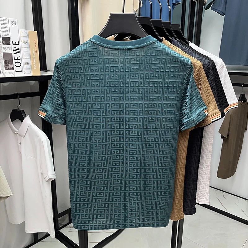 2025 New Men's Fashionable Jacquard Short Sleeved Round Neck T-shirt Casual and Comfortable All Season Versatile Top