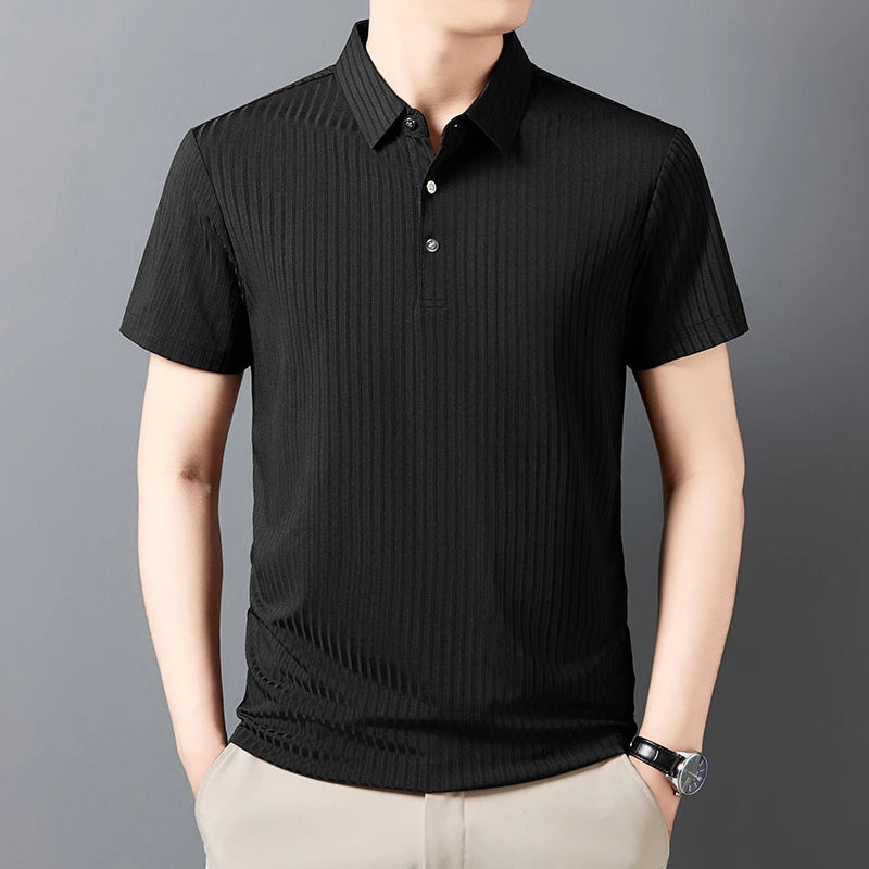 2025 New Men's Casual Fashion Striped Short Sleeved Collar Polo Shirt Breathable and Comfortable Summer Versatile T-shirt
