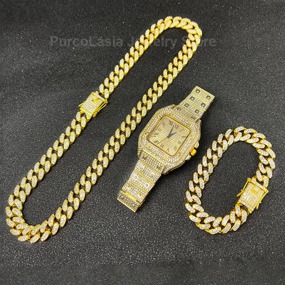 Necklace +Watch+Bracelet Iced Out Twisted Chain Jewelry Sets for Men