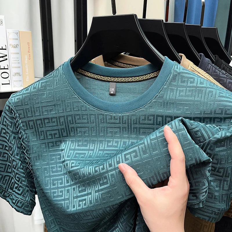 2025 New Men's Fashionable Jacquard Short Sleeved Round Neck T-shirt Casual and Comfortable All Season Versatile Top