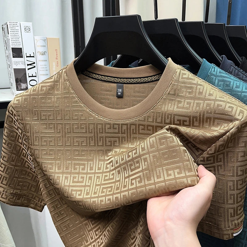 2025 New Men's Fashionable Jacquard Short Sleeved Round Neck T-shirt Casual and Comfortable All Season Versatile Top