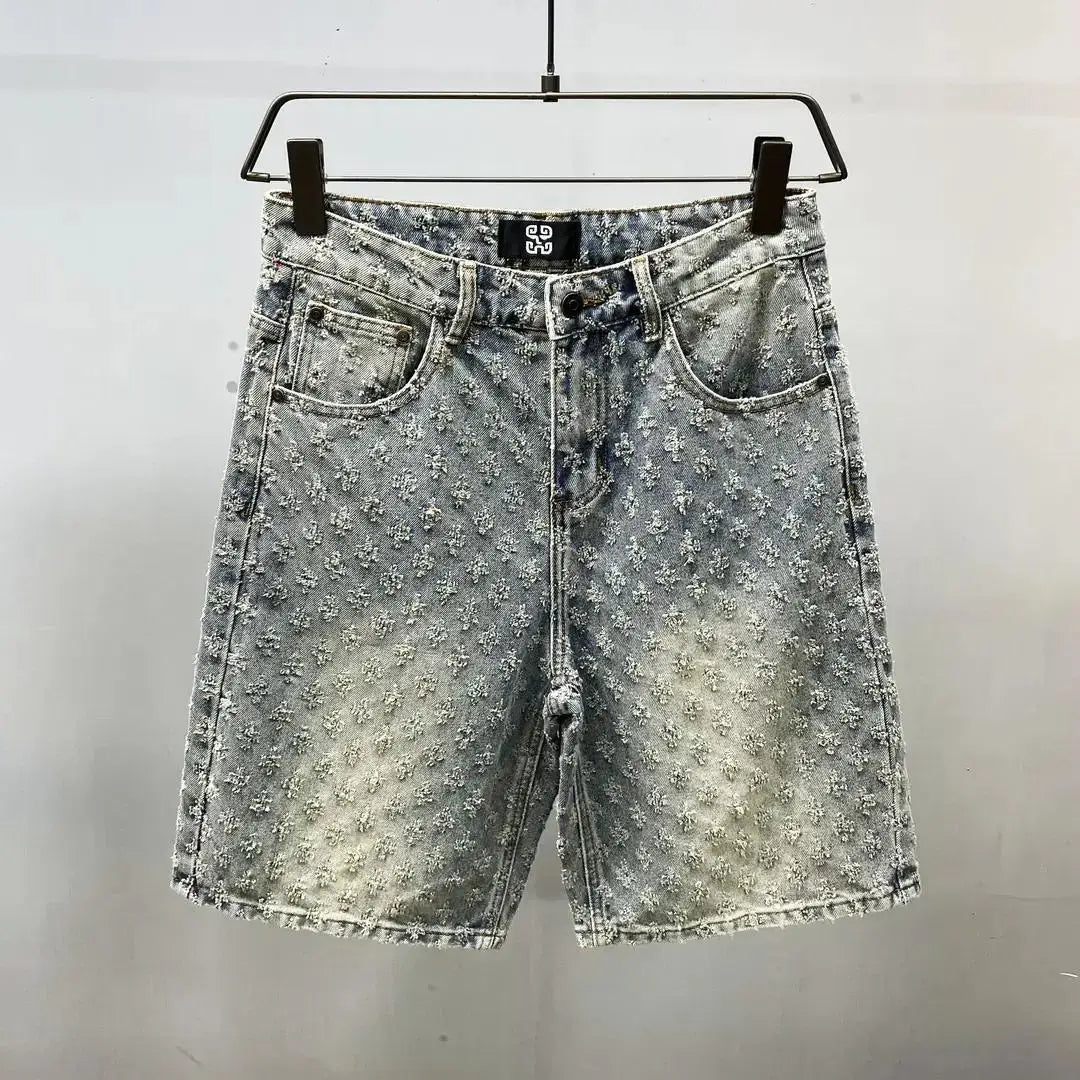 American Y2K Light Luxury Quality Retro Denim Shorts Summer Hip Hop INS Men Loose Shave Jacquard Couple Denim Five Point Pants
