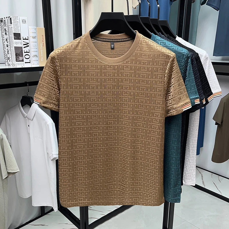 2025 New Men's Fashionable Jacquard Short Sleeved Round Neck T-shirt Casual and Comfortable All Season Versatile Top