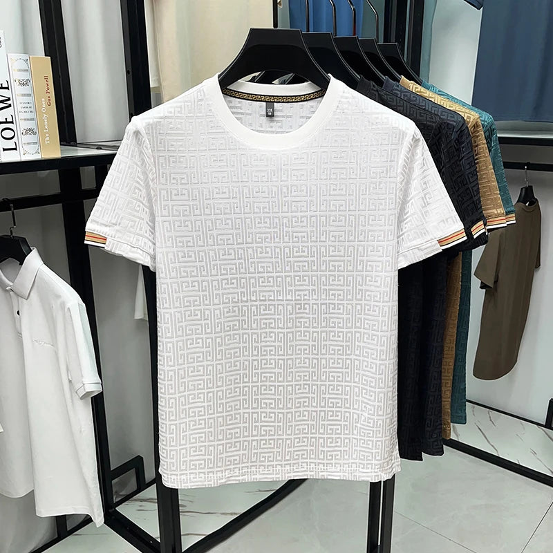 2025 New Men's Fashionable Jacquard Short Sleeved Round Neck T-shirt Casual and Comfortable All Season Versatile Top