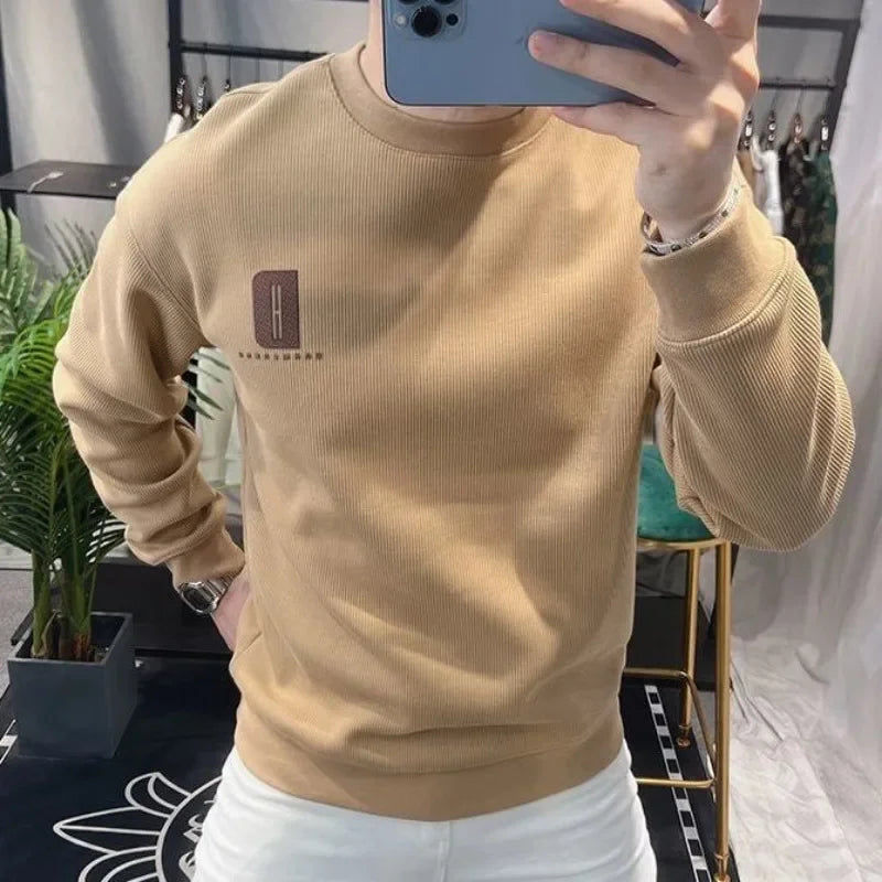 Fleeced Solid Man Pullover Cotton Sweatshirts for Men Printing Korean Style Warm Luxury Y2k Vintage Loose Pastel Color One Piece