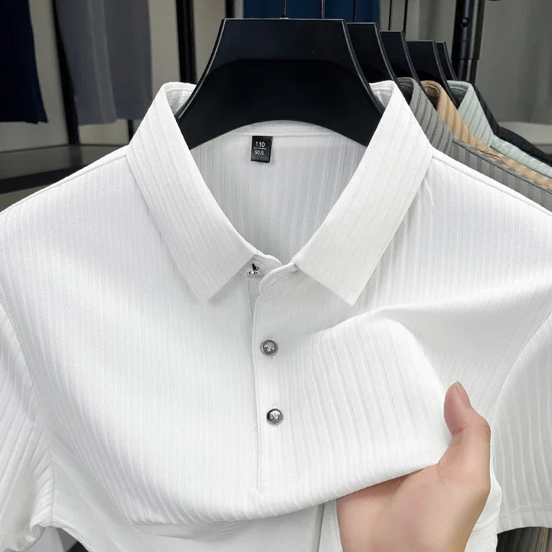 2025 New Men's Casual Fashion Striped Short Sleeved Collar Polo Shirt Breathable and Comfortable Summer Versatile T-shirt