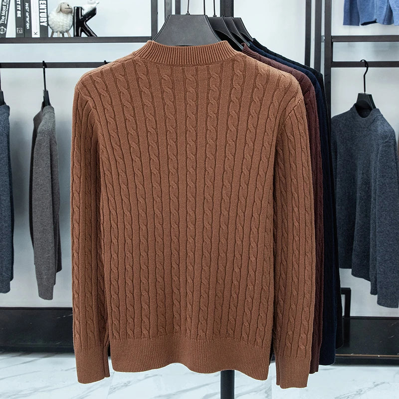 2025 Autumn and Winter Men's Wool Sweater with Round Neck PulloverThickened Diamond Shaped Long Sleeved Knitted Sweater