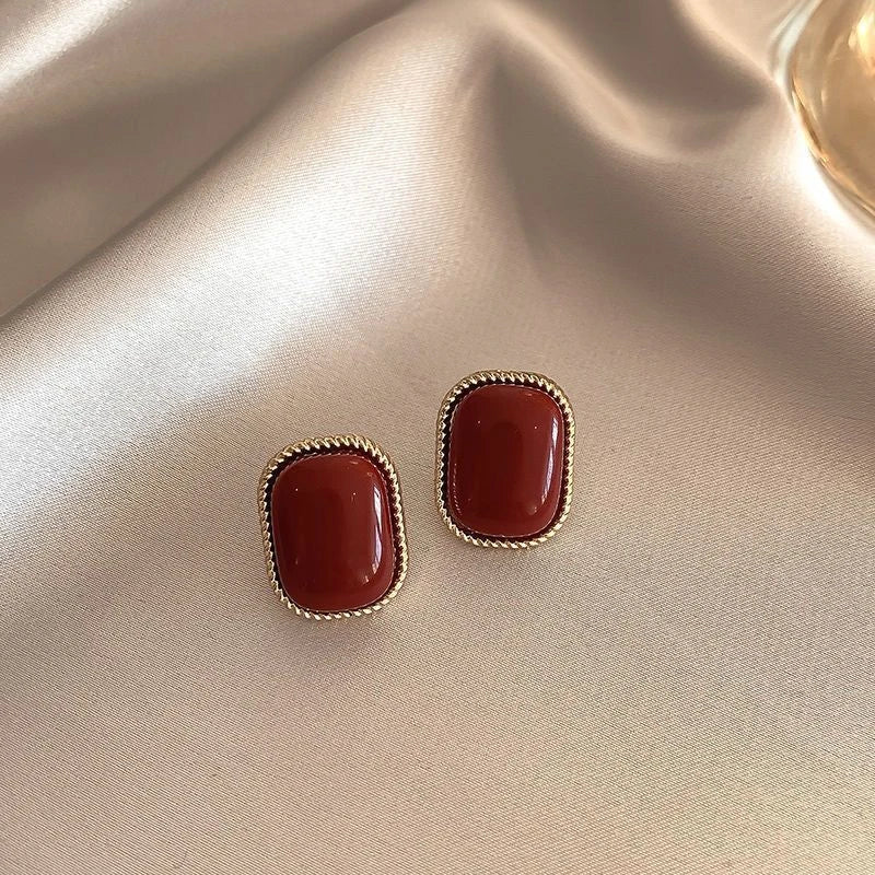 Wine Red Retro Stud Earrings For Women
