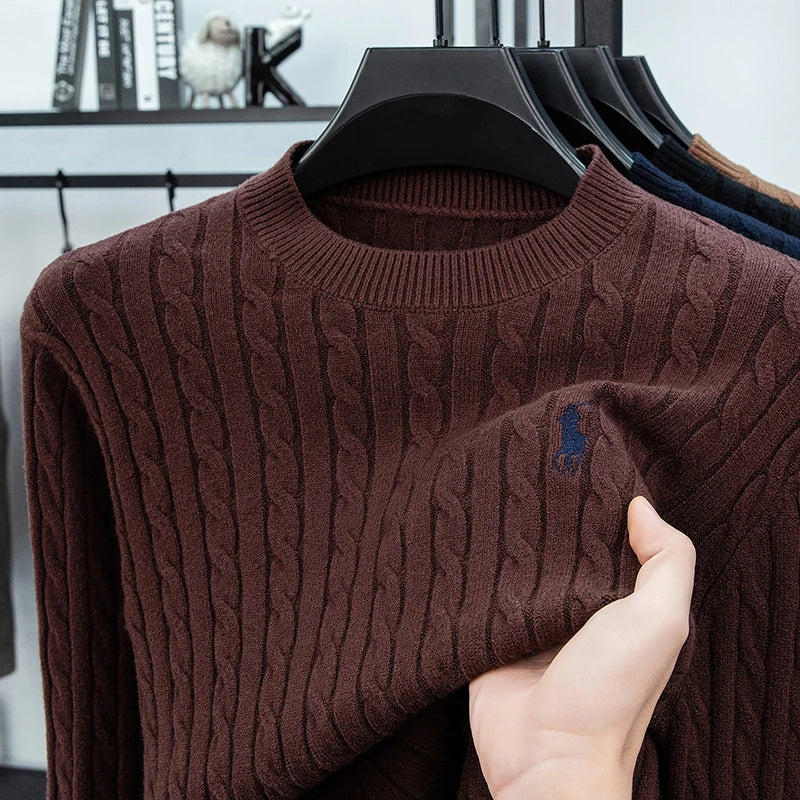 2025 Autumn and Winter Men's Wool Sweater with Round Neck PulloverThickened Diamond Shaped Long Sleeved Knitted Sweater