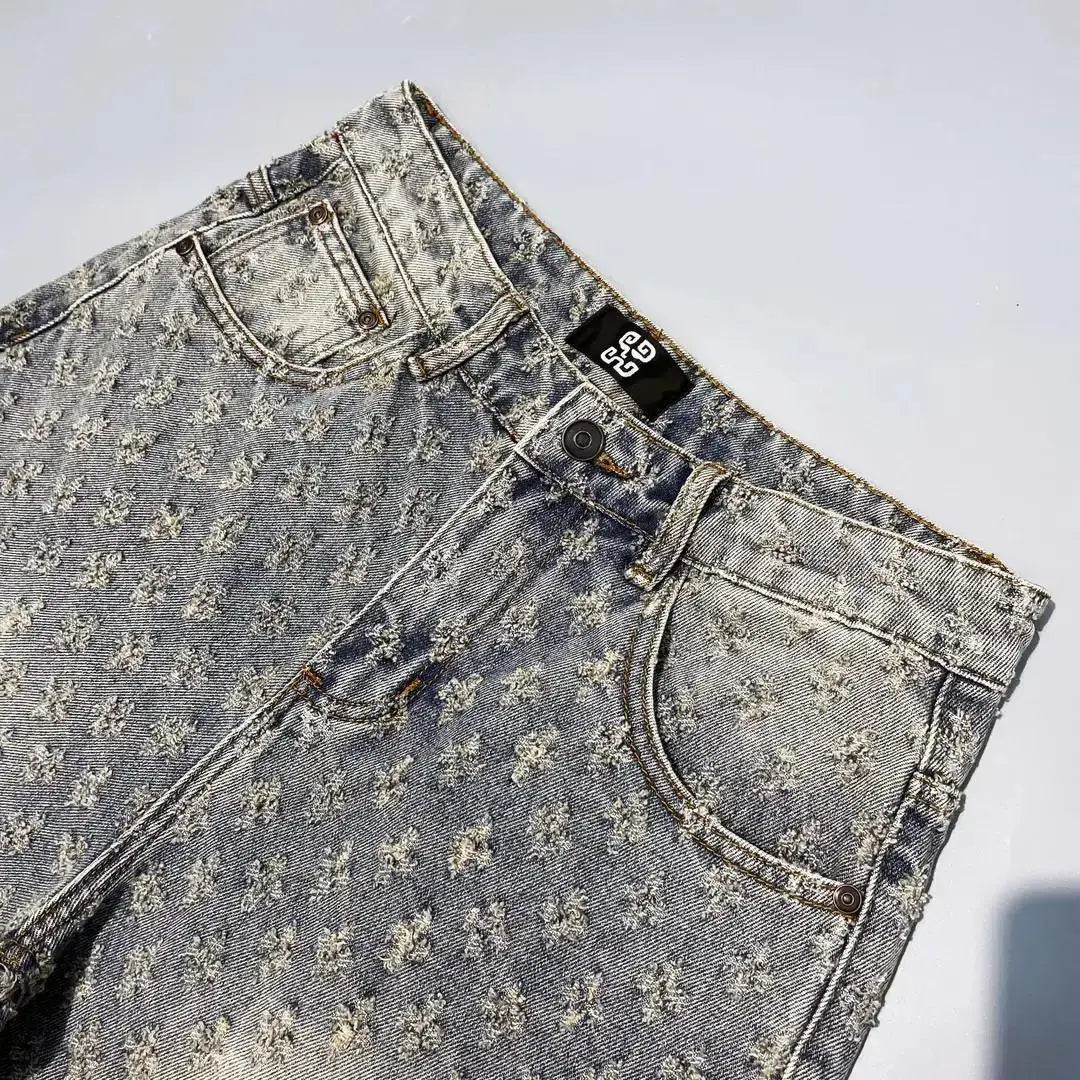 American Y2K Light Luxury Quality Retro Denim Shorts Summer Hip Hop INS Men Loose Shave Jacquard Couple Denim Five Point Pants