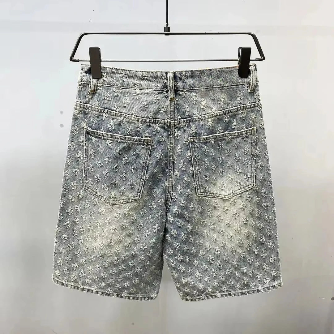 American Y2K Light Luxury Quality Retro Denim Shorts Summer Hip Hop INS Men Loose Shave Jacquard Couple Denim Five Point Pants