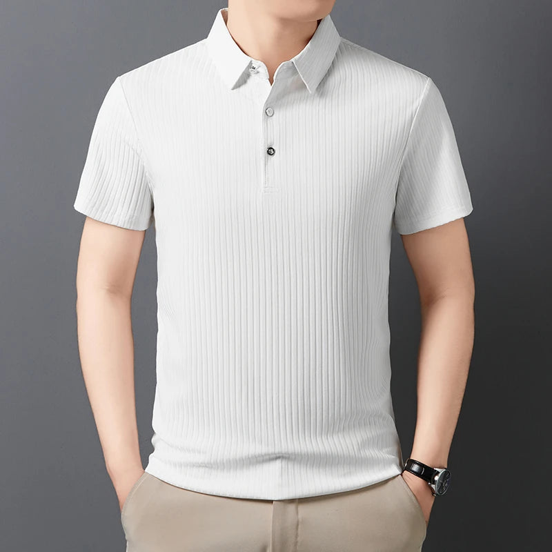 2025 New Men's Casual Fashion Striped Short Sleeved Collar Polo Shirt Breathable and Comfortable Summer Versatile T-shirt
