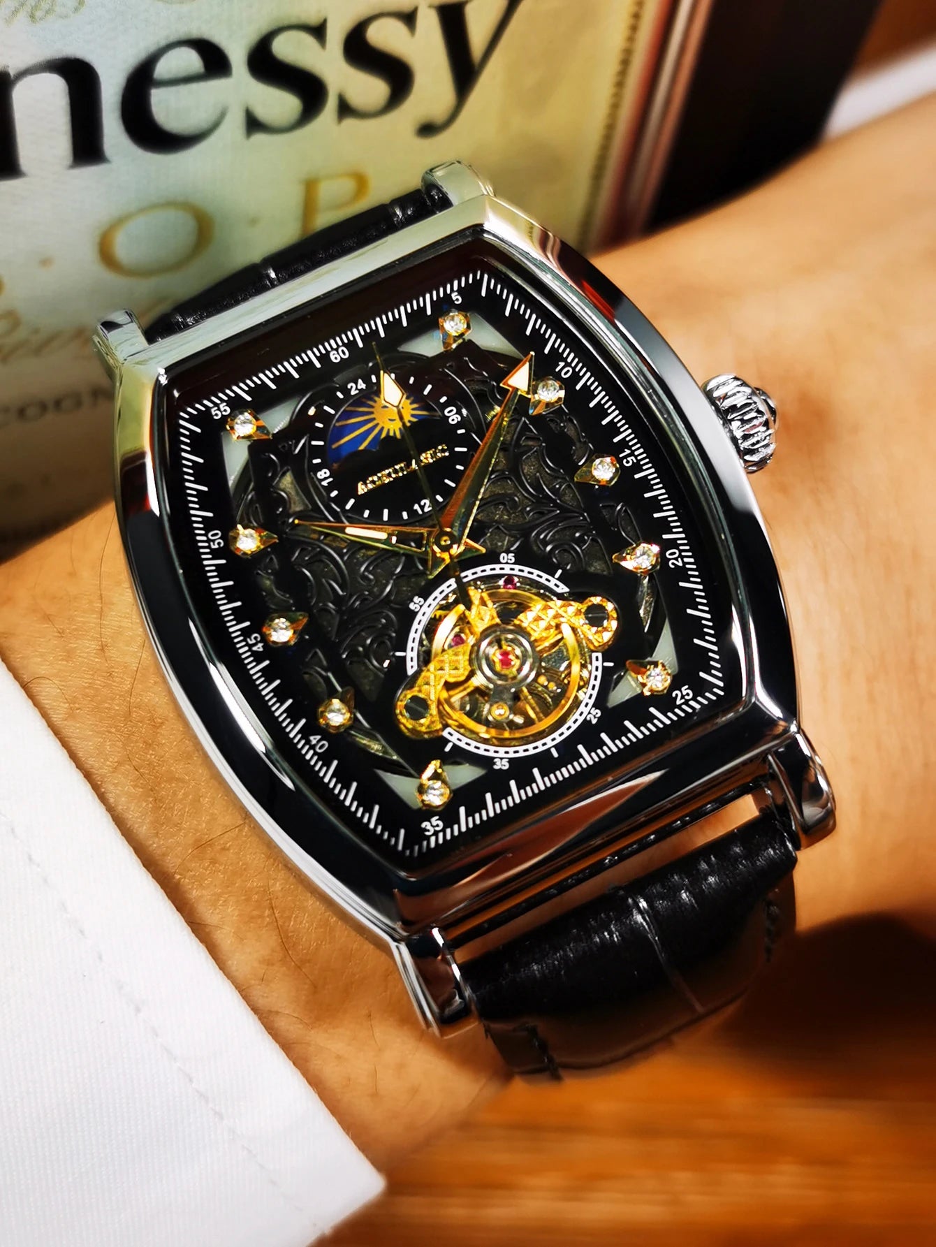AOKULASIC Tourbillon Iced Out Skeleton Automatic Mechanical Watches for Men Luxury Moon Phase Casual Leather Strap Mens Watch