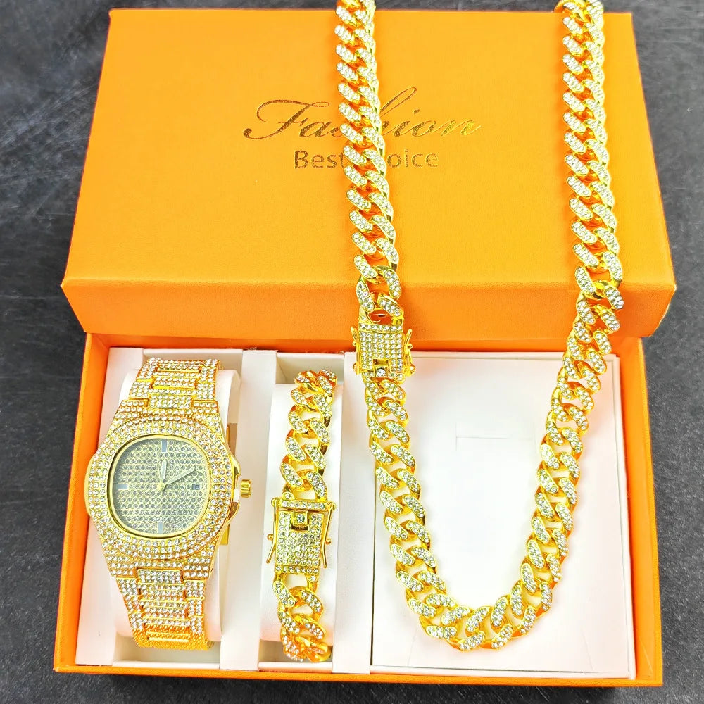 Necklace +Watch+Bracelet Iced Out Twisted Chain Jewelry Sets for Men
