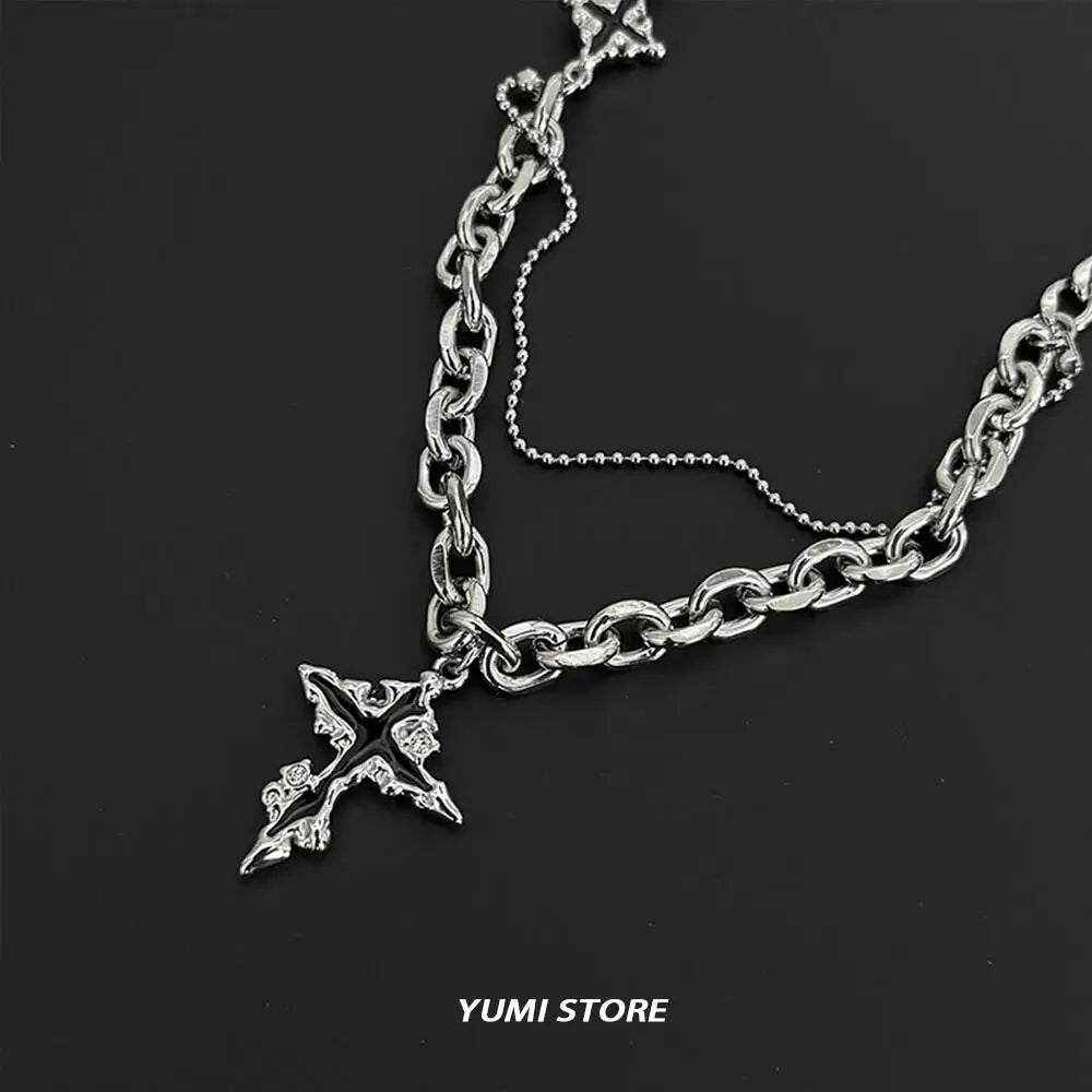 Punk Black Flame Cross Necklace