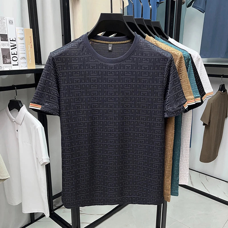 2025 New Men's Fashionable Jacquard Short Sleeved Round Neck T-shirt Casual and Comfortable All Season Versatile Top