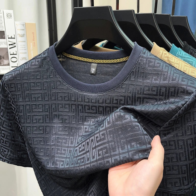 2025 New Men's Fashionable Jacquard Short Sleeved Round Neck T-shirt Casual and Comfortable All Season Versatile Top